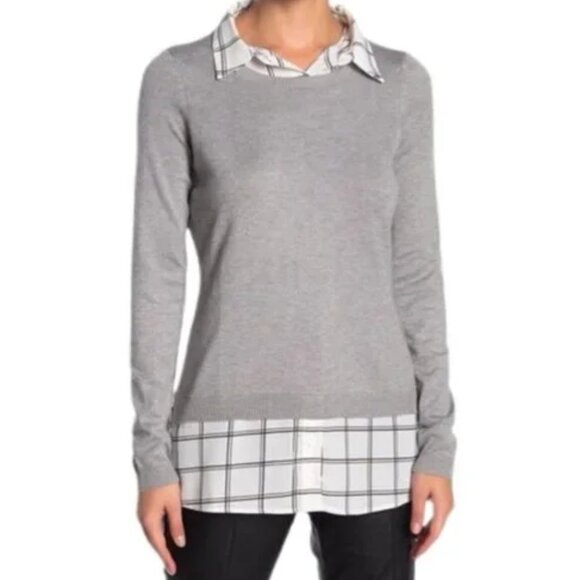Adrianna Papell layered Twofer Crewneck Round Neck Crew Collared Plaid Sweater - Picture 1 of 4